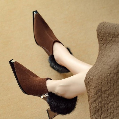 Womens Retro Chic Versatile Metal Pointed-Toe Slimming Cotton Shoes With Zipper And High Heel