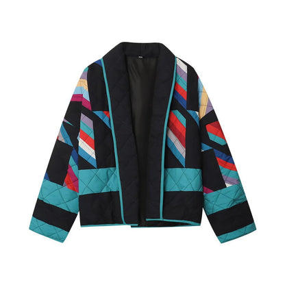 Women's Street Fashion Print Stitching Long-sleeved Cotton-padded Jacket