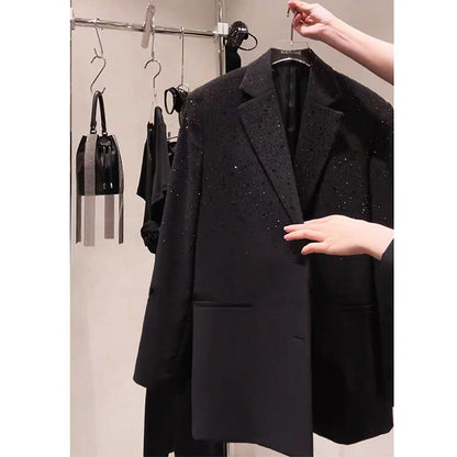 Black Niche Design Rhinestone Suit Jacket For Women