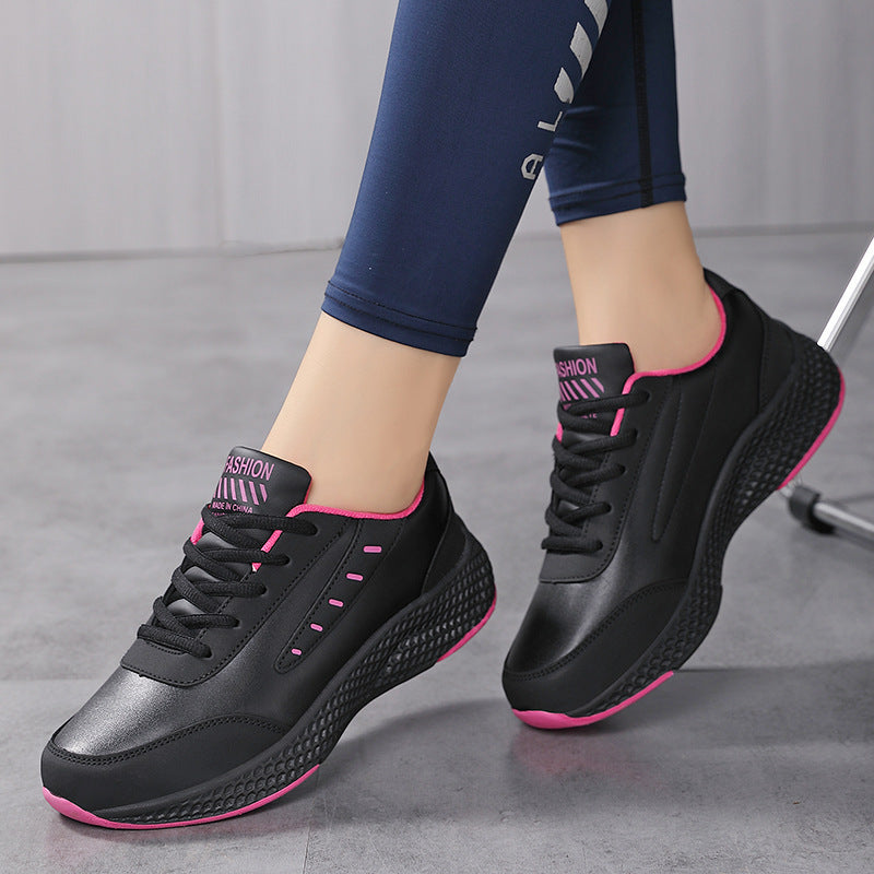 Leather Women's Shoes Casual Sneaker Round Toe Flat Heel Women's Running Shoes Product information: Pattern: solid color Applicable sports: Universal Color: Black Rose Red, black and white, black and gold Upper height: low top Size: 35, 36, 37, 38, 39, 40