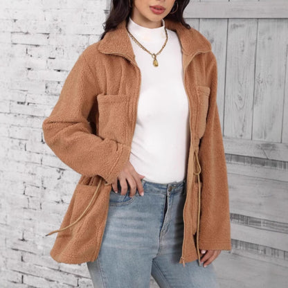 Loose Pockets Zipper And Lapel Long Sleeve Cardigan Plush Coat