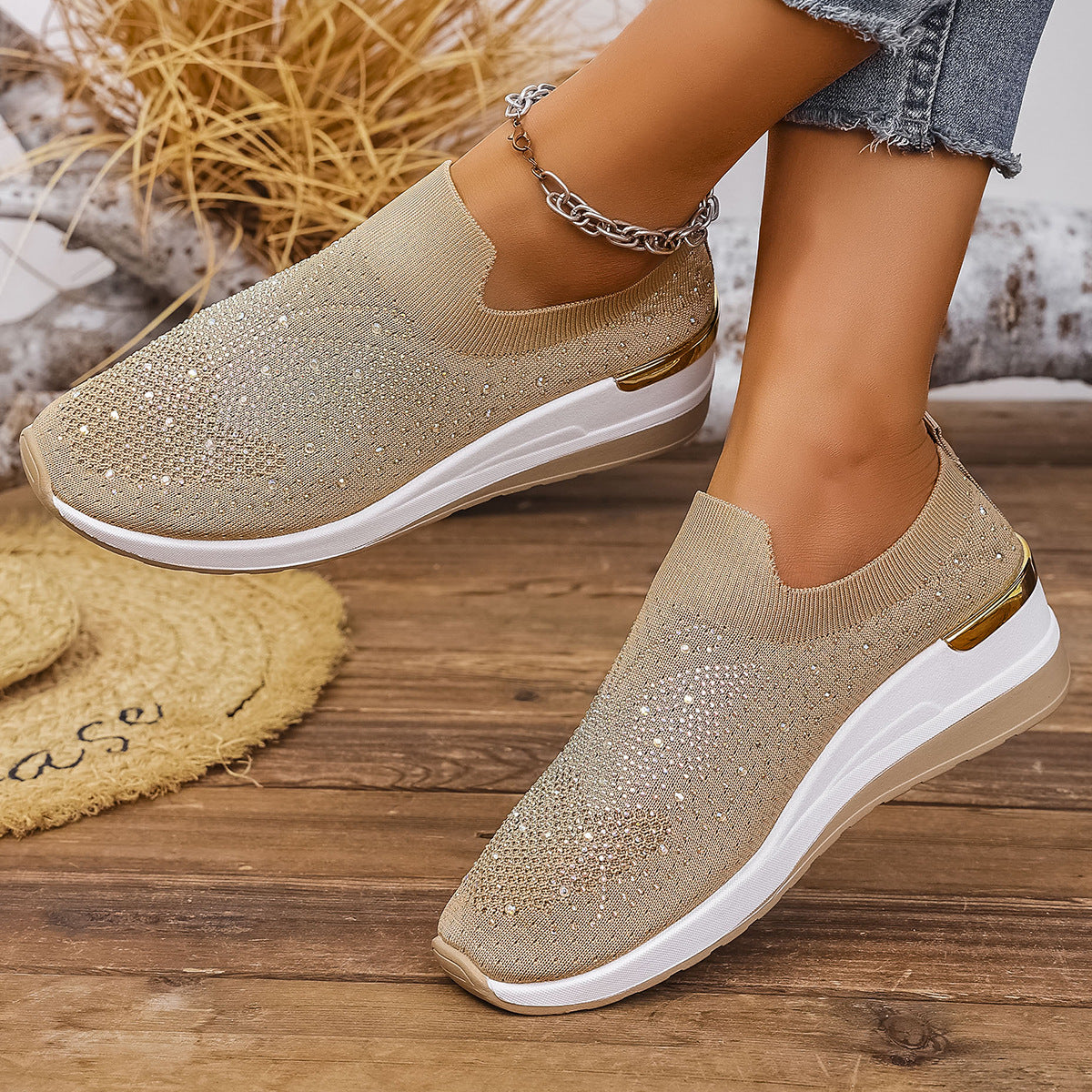 Pumps Women's Summer Wedge Round Toe Rhinestone Slip-on Women's Pumps Pumps Product information: Color: Black, milky white, pink, Rose Red, White Upper height: low top Heel height: low heel (1-3CM) Heel shape: Wedge Size: 36, 37, 38, 39, 40, 41, 42, 43 So