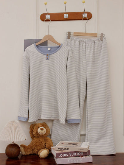 Round Neck Pullover De Velvet Pajamas Women's Autumn Long-sleeved Trousers Striped Homewear Suit