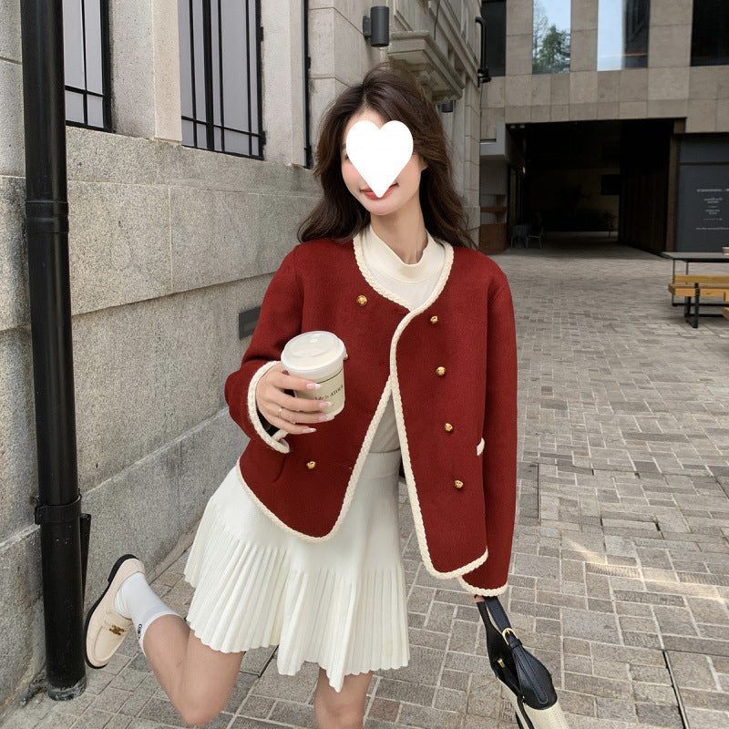 Red Classic Style Double-sided Knitted Coat For Women