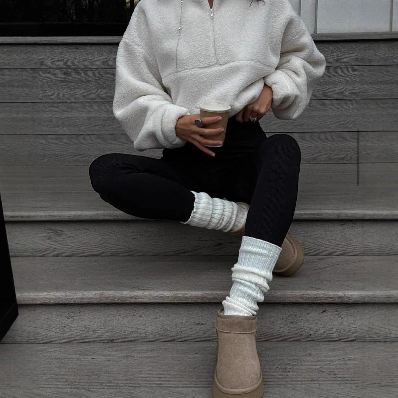 Solid Color European And American Zipper Collar Plush Coat