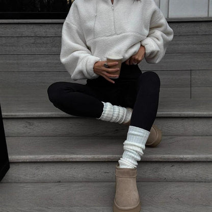 Solid Color European And American Zipper Collar Plush Coat