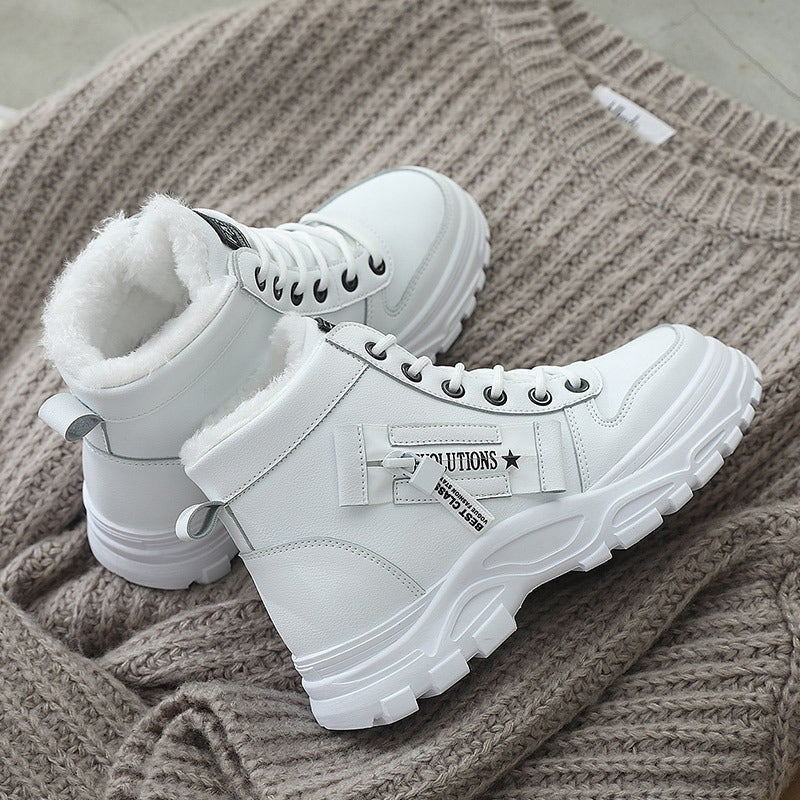 Korean Style Student All-matching Warm High-top Martin Boots Product information: Pattern: solid color Lining material: artificial velboa Applicable sports: Universal Color: white, black, khaki Upper height: tall crown Heel height: flat heel Heel shape: f