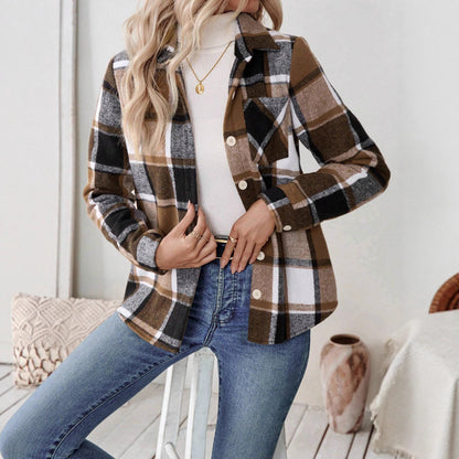 Woolen Woven Plaid Button Shirt Collar Jacket Top