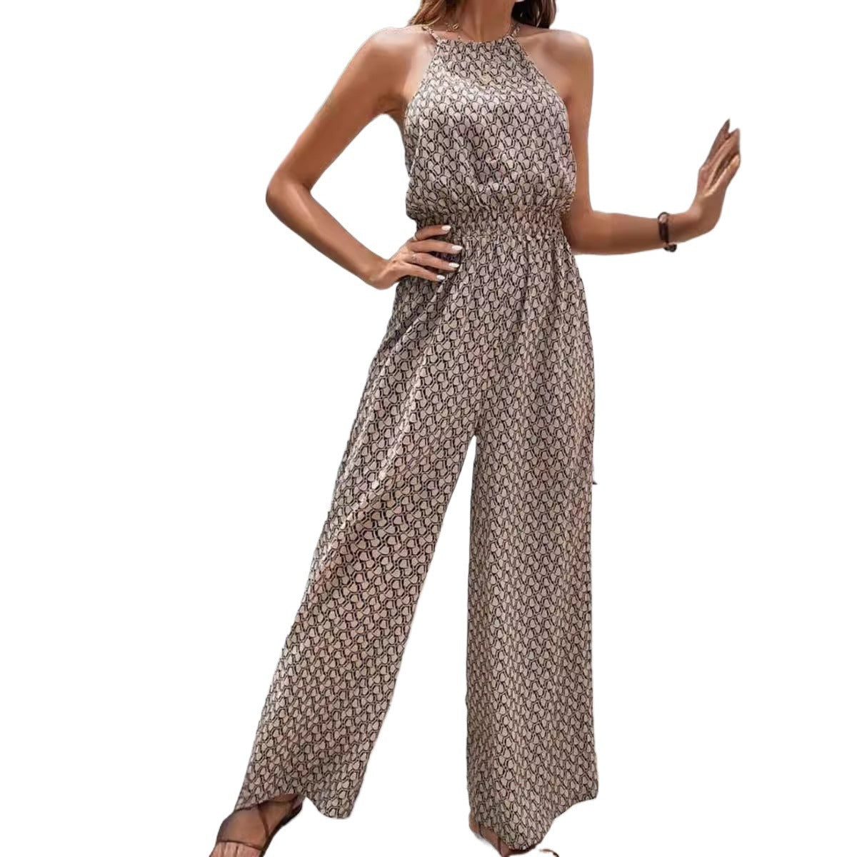 Casual Sleeveless Geometric Print Leopard Jumpsuit