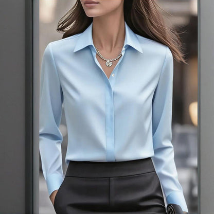 Women's Long Sleeve Satin Blouse, V Neck Loose Fit Tunic Top For Business Casual Office Fall