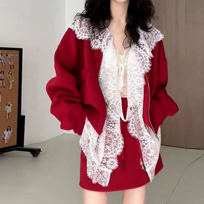 Temperament Leisure Style Red Sweater Baseball Jacket Fashionable All-matching Suit