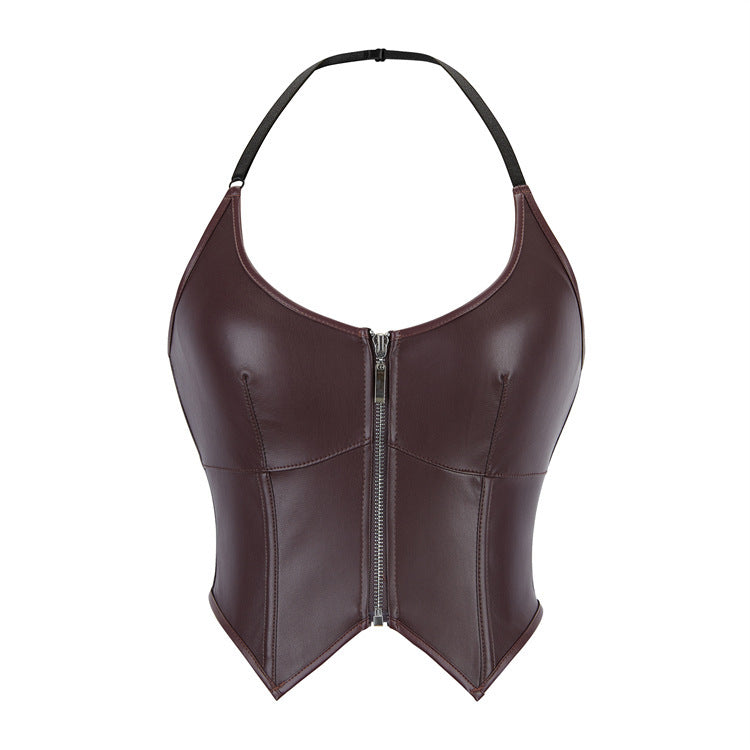 Leather Halter Zipper Women's Tube Top Chest Support Body Shaping Top