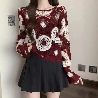 Hollow Crocheted Round Neck Long Sleeve Knitted Sweater