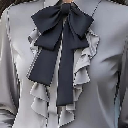Women's Elegant Ruffle Trim Blouse With Black Bow Tie, Long Sleeve Office Shirt For Spring & Fall