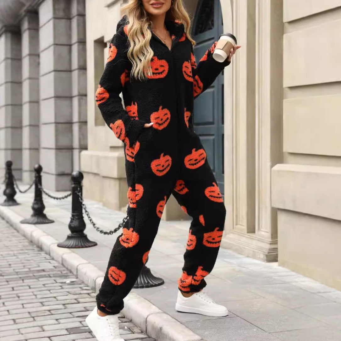 European And American Autumn And Winter New Halloween Pumpkin Print Loose Zip Plush Jumpsuit