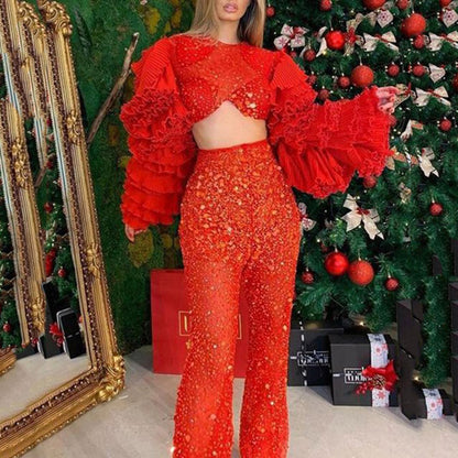 Women's Fashion Midriff-baring Long Sleeve Solid Color Suit