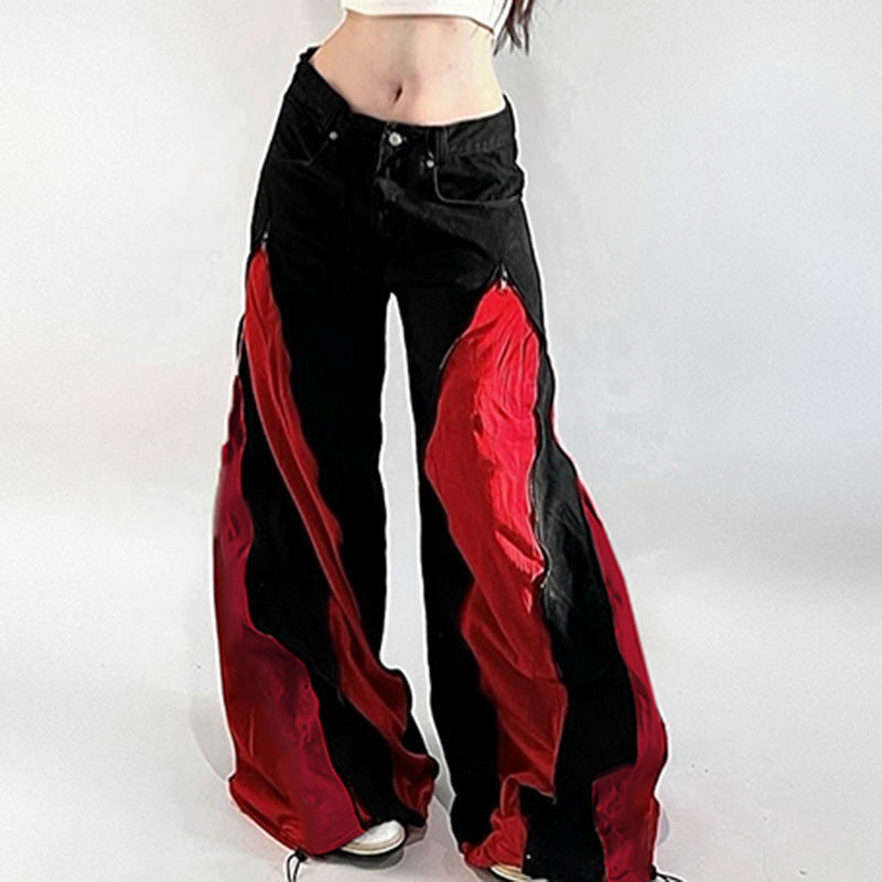 Personality Contrast Color Stitching Low Waist Casual Pants Zipper Design