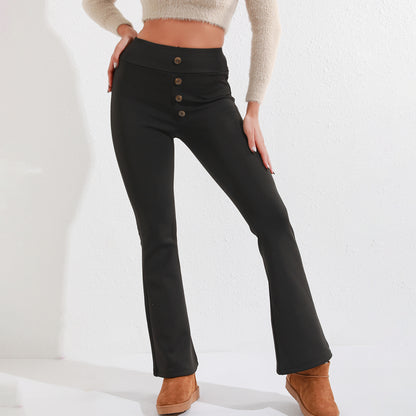 Women's High-waisted, Slim-fitting, Casual Flared Trousers With Velvet Buttons And Hip Lift For Outerwear