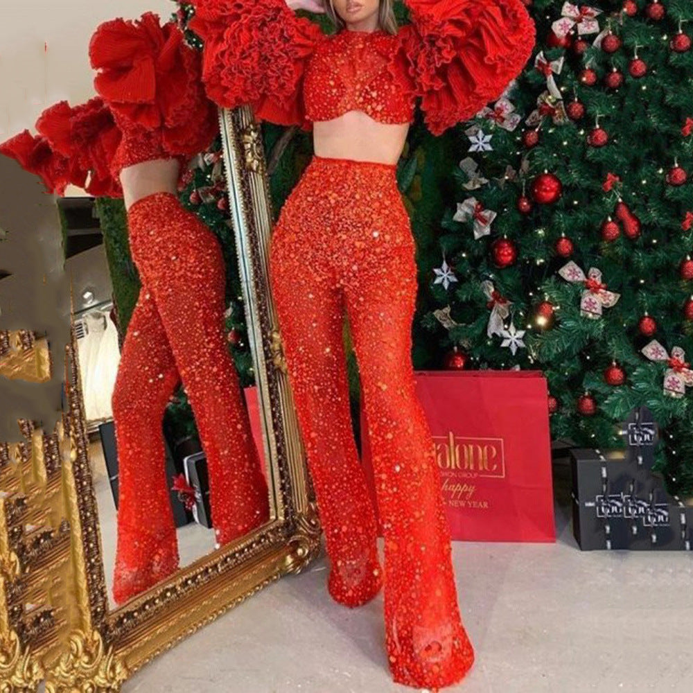 Women's Fashion Midriff-baring Long Sleeve Solid Color Suit