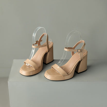 Womens Solid-color Round-toe Chunky-heel Sandals