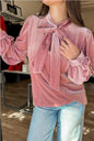 Fushia Solid Color Velvet Ribbon Bow Knot Long Sleeve Blouse