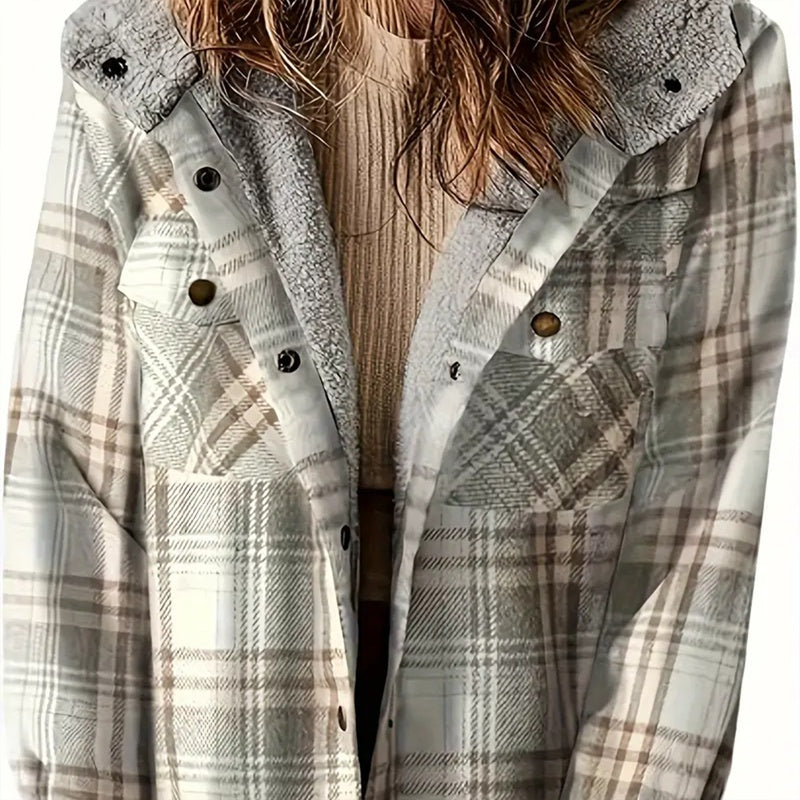 Women's Plaid Button-Up Long Sleeve Jacket Fall Winter  Flap Button Pocket Design Casual Hooded Fleece-Lined Warm Coat