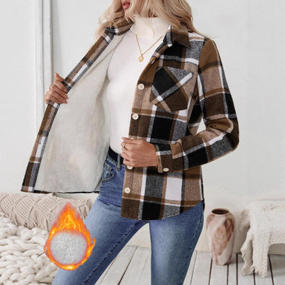 Woolen Woven Plaid Button Shirt Collar Jacket Top