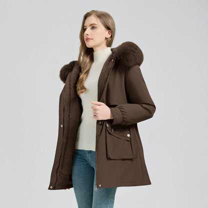 Women's Winter Fur-Lined Hooded Parka Coat Mid Length Down