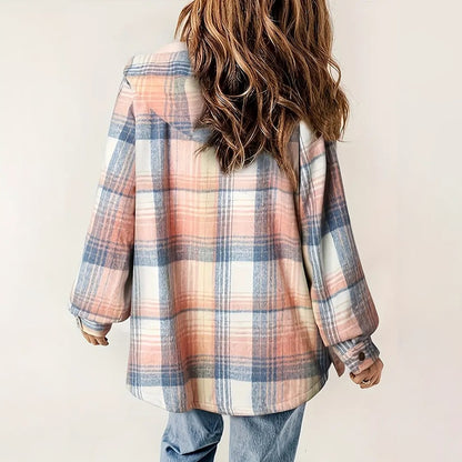 Women's Plaid Button-Up Long Sleeve Jacket Fall Winter  Flap Button Pocket Design Casual Hooded Fleece-Lined Warm Coat