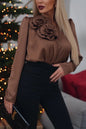 V-neck Flower Decoration Satin Long Sleeve Shirt Top