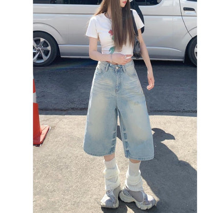 Women's Washed Light-colored Loose Wide-leg Cropped Denim Shorts