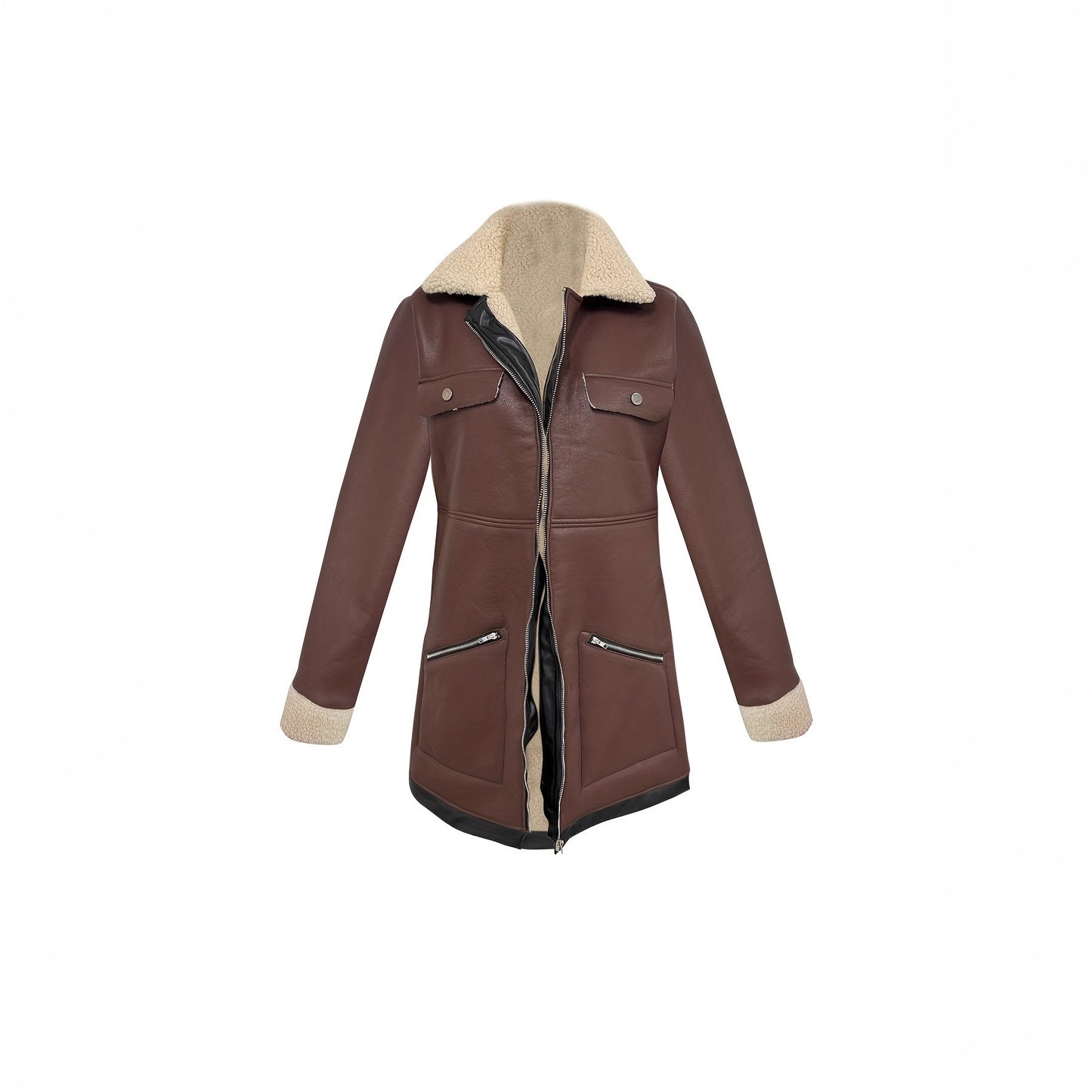 Faux Suede Zipper Composite Fur Integrated Turn-down Collar Coat