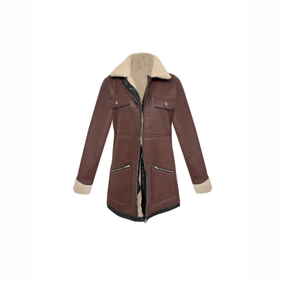 Faux Suede Zipper Composite Fur Integrated Turn-down Collar Coat