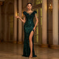 Round Neck Beads Banquet Sequined Slit Evening Dress Dress