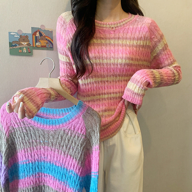 Striped Round Neck Pullover Sweater For Women