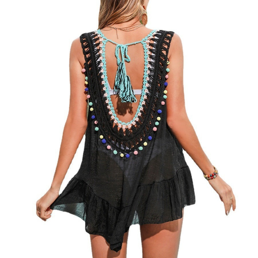 Vacation Style Hand Crocheting Cut-out Ruffled Beach Cover-up