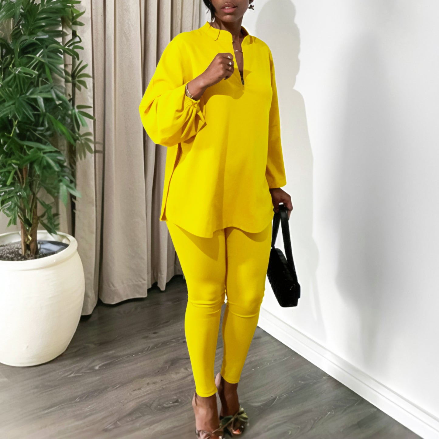 Solid Color Plus Size V-neck Long Sleeve Top Pants Suit