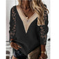 Commuter Nine-quarter Sleeve V-neck Stitching Hollow Lace Chiffon Shirt Pullover