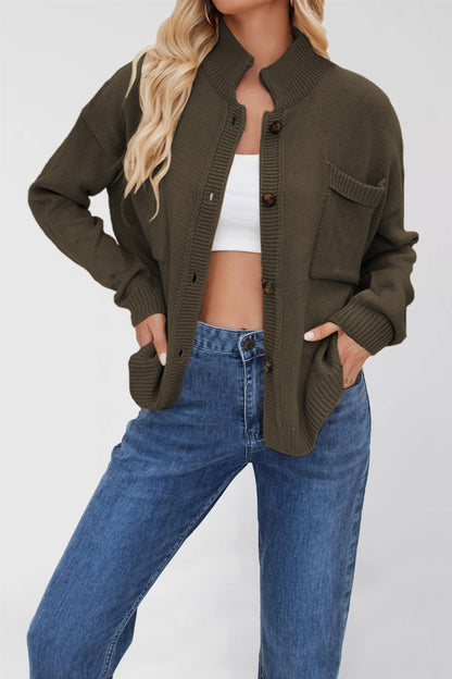 Standing Collar Plus Size Sweater Solid Color Cardigan For Women