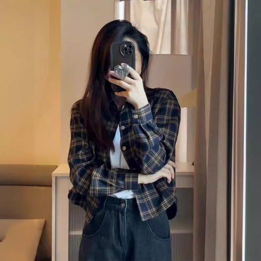 American Retro Short Plaid Shoulder Shirt Coat