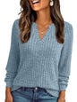 Women's V-neck Sunken Stripe Brushed Solid Color Top