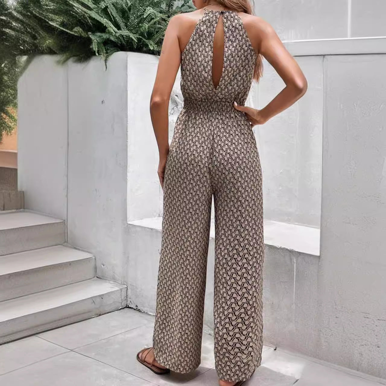 Casual Sleeveless Geometric Print Leopard Jumpsuit