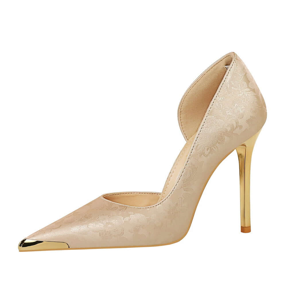 Satin Metal Pointed High Heel Thin Heel Shallow Single Shoes Product information: Pattern: solid color Lining material: Single layer PU Upper height: low top Heel height: high heels [6-8cm (inclusive)] Heel shape: stiletto heels Size: 34, 35, 36, 37, 38,