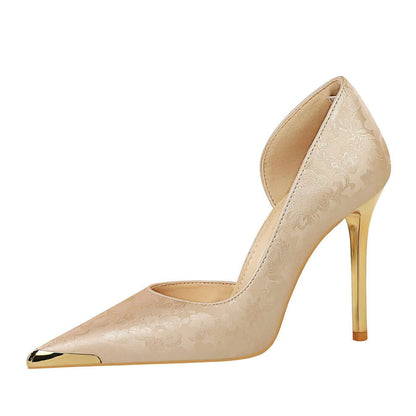 Satin Metal Pointed High Heel Thin Heel Shallow Single Shoes Product information: Pattern: solid color Lining material: Single layer PU Upper height: low top Heel height: high heels [6-8cm (inclusive)] Heel shape: stiletto heels Size: 34, 35, 36, 37, 38,