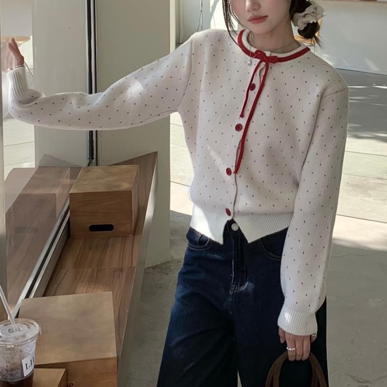 Women's Polka Dot Jacquard Lace-up Single-breasted Knitted Sweater