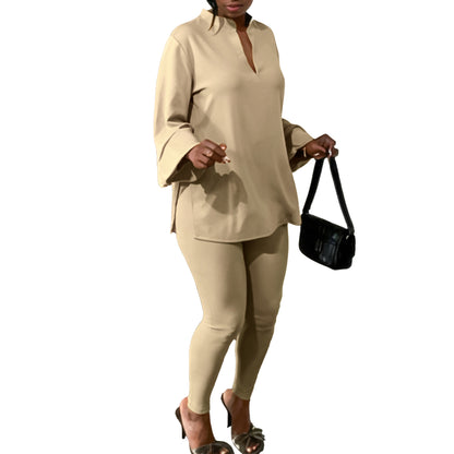 Solid Color Plus Size V-neck Long Sleeve Top Pants Suit