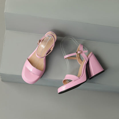 Womens Solid-color Round-toe Chunky-heel Sandals