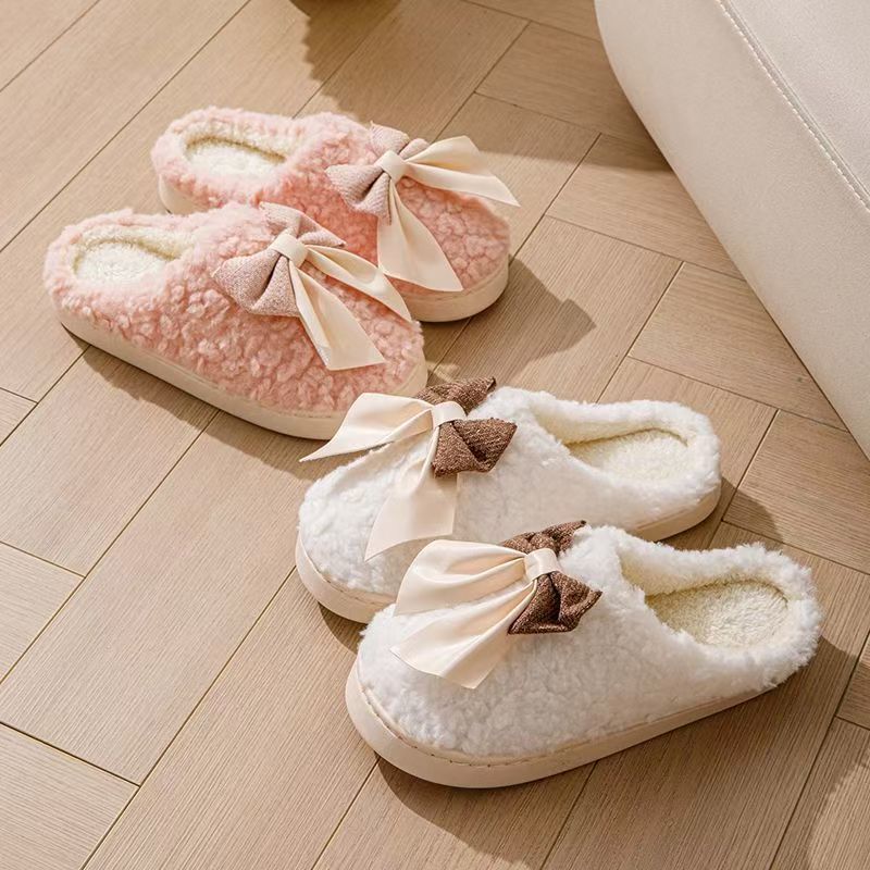 Bow Slippers Indoor Couple Non-slip Floor Bedroom Slippers Winter Warm Plush Home Shoes Household Indoor Warm