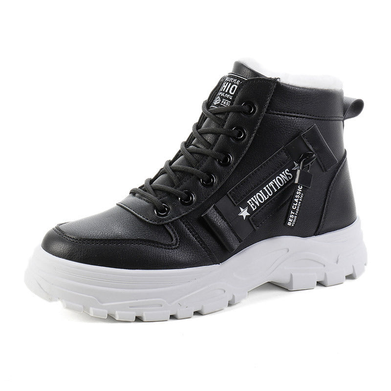 Korean Style Student All-matching Warm High-top Martin Boots Product information: Pattern: solid color Lining material: artificial velboa Applicable sports: Universal Color: white, black, khaki Upper height: tall crown Heel height: flat heel Heel shape: f