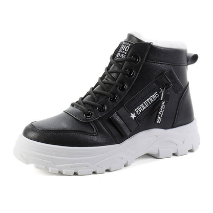 Korean Style Student All-matching Warm High-top Martin Boots Product information: Pattern: solid color Lining material: artificial velboa Applicable sports: Universal Color: white, black, khaki Upper height: tall crown Heel height: flat heel Heel shape: f